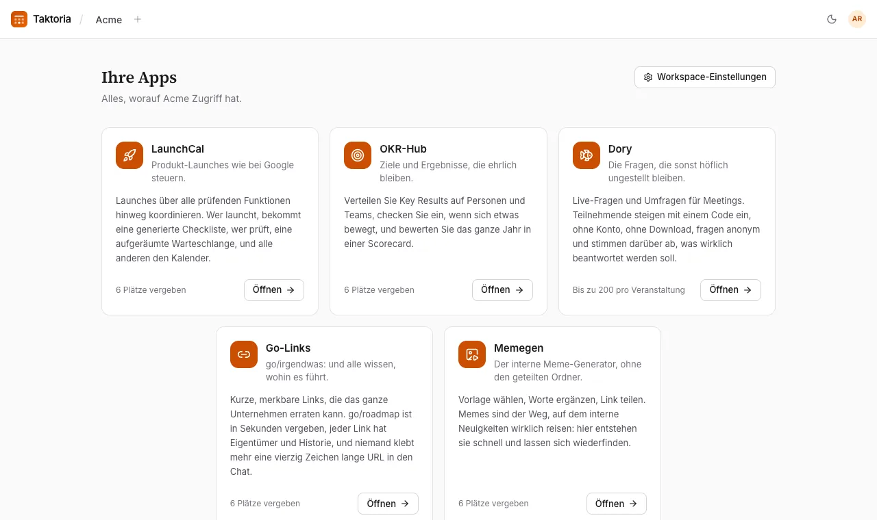 Workspaces, Apps und Plätze