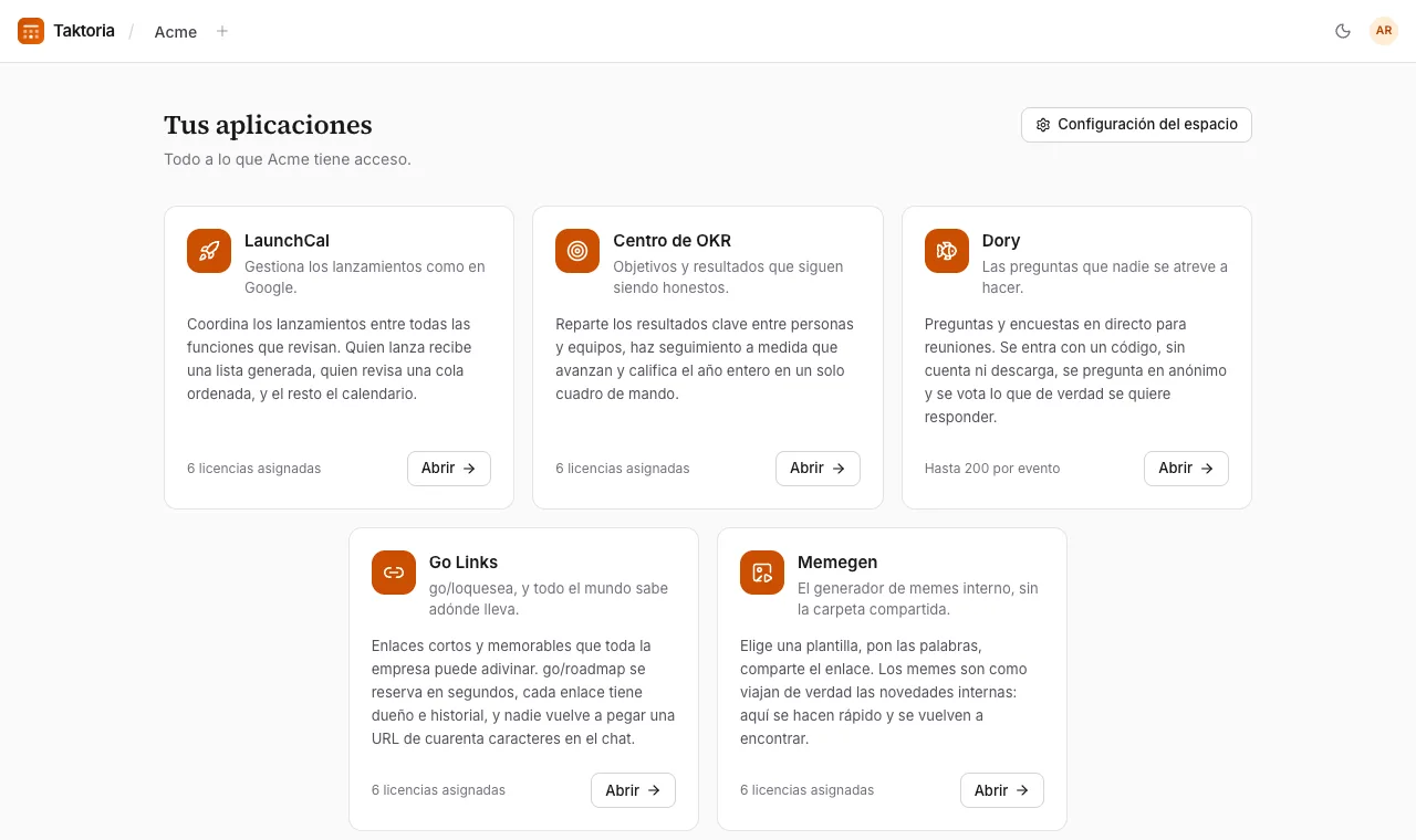 Espacios de trabajo, apps y asientos