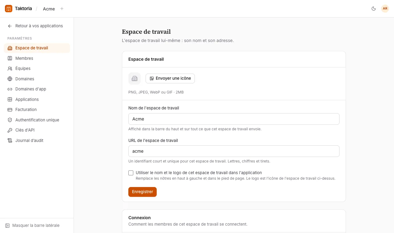 Paramètres de l'espace de travail