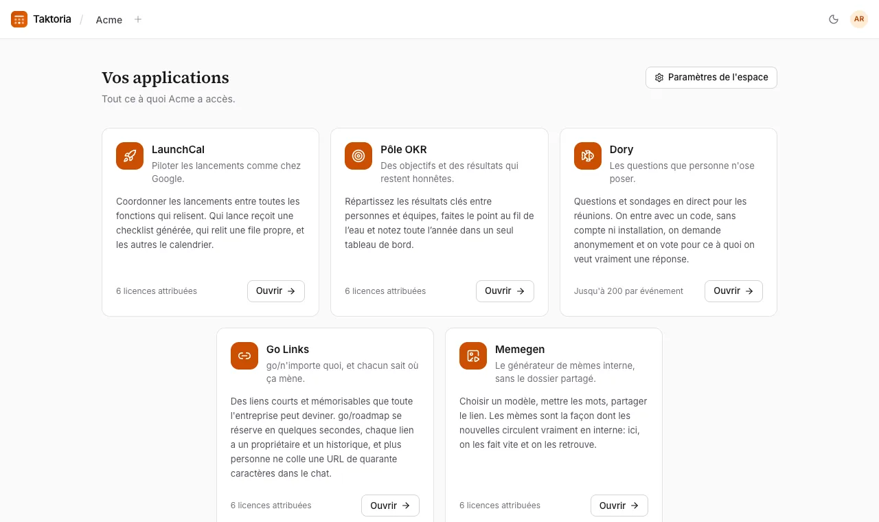 Espaces de travail, applications et sièges