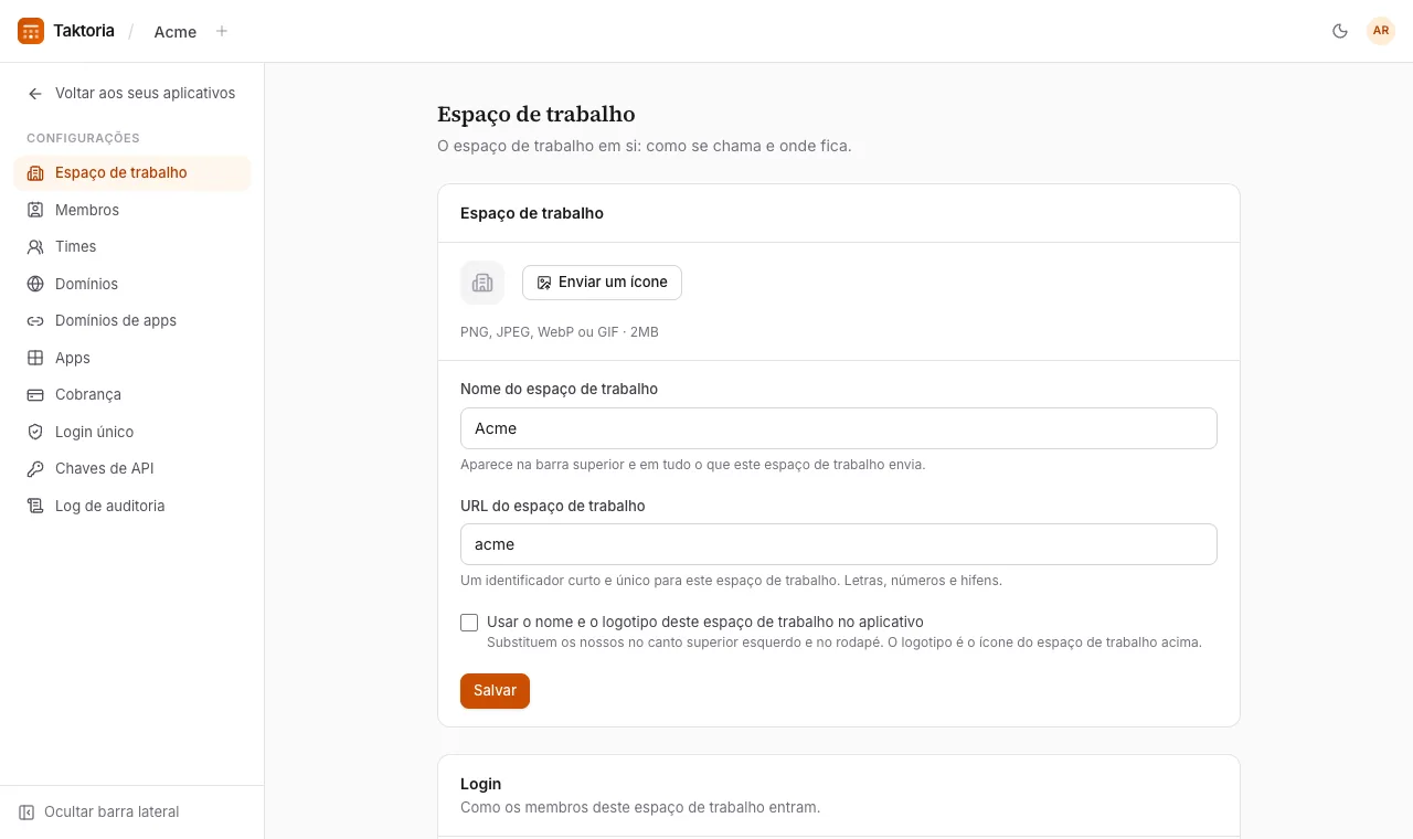 Configurações do espaço de trabalho
