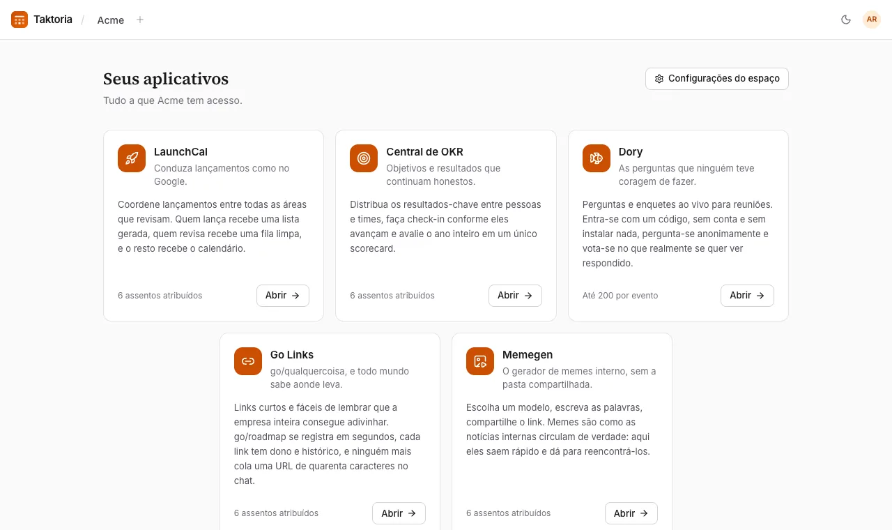 Espaços de trabalho, aplicativos e assentos