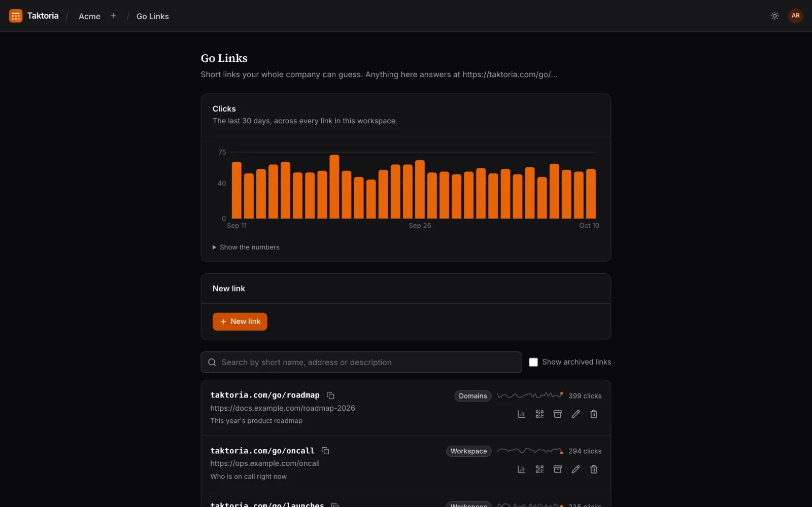 Go Links en uso, con datos de ejemplo