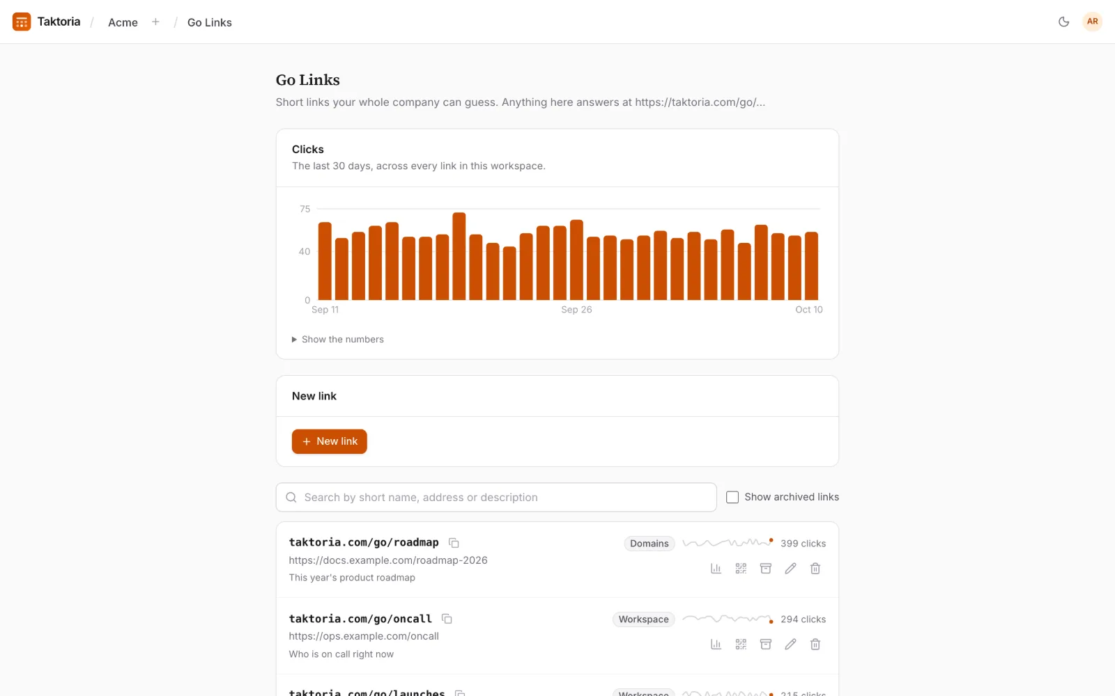 Go Links en uso, con datos de ejemplo